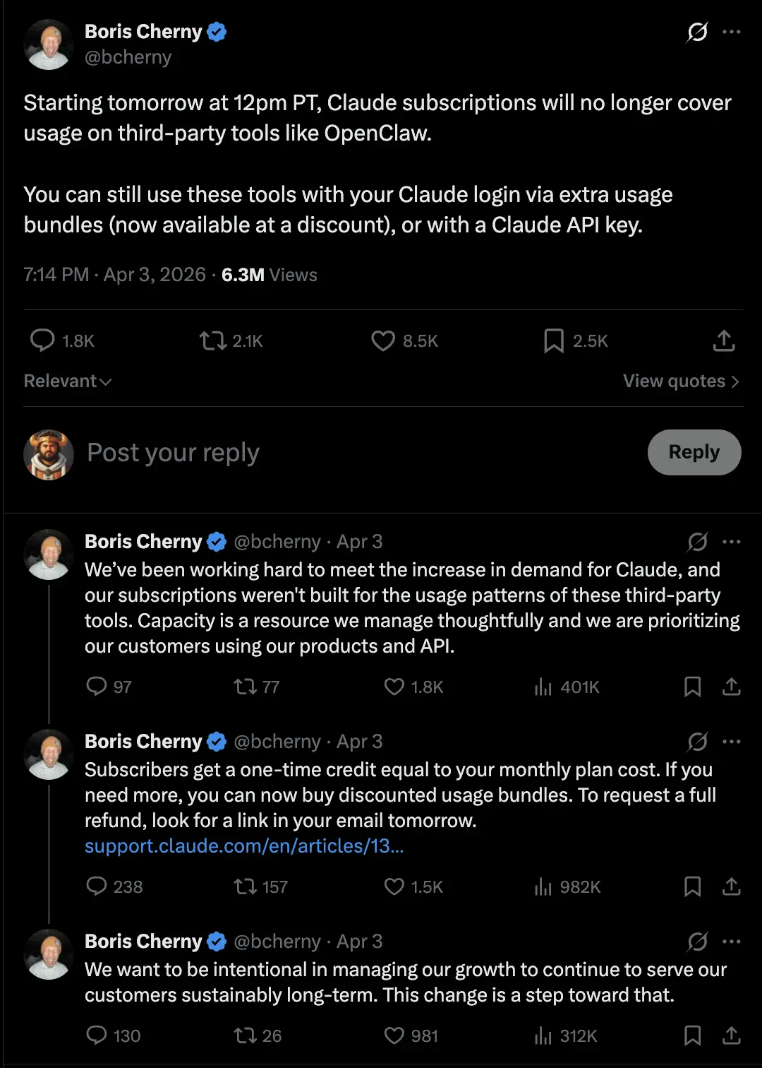 Post de Boris Cherny sobre OpenClaw e assinatura Claude
