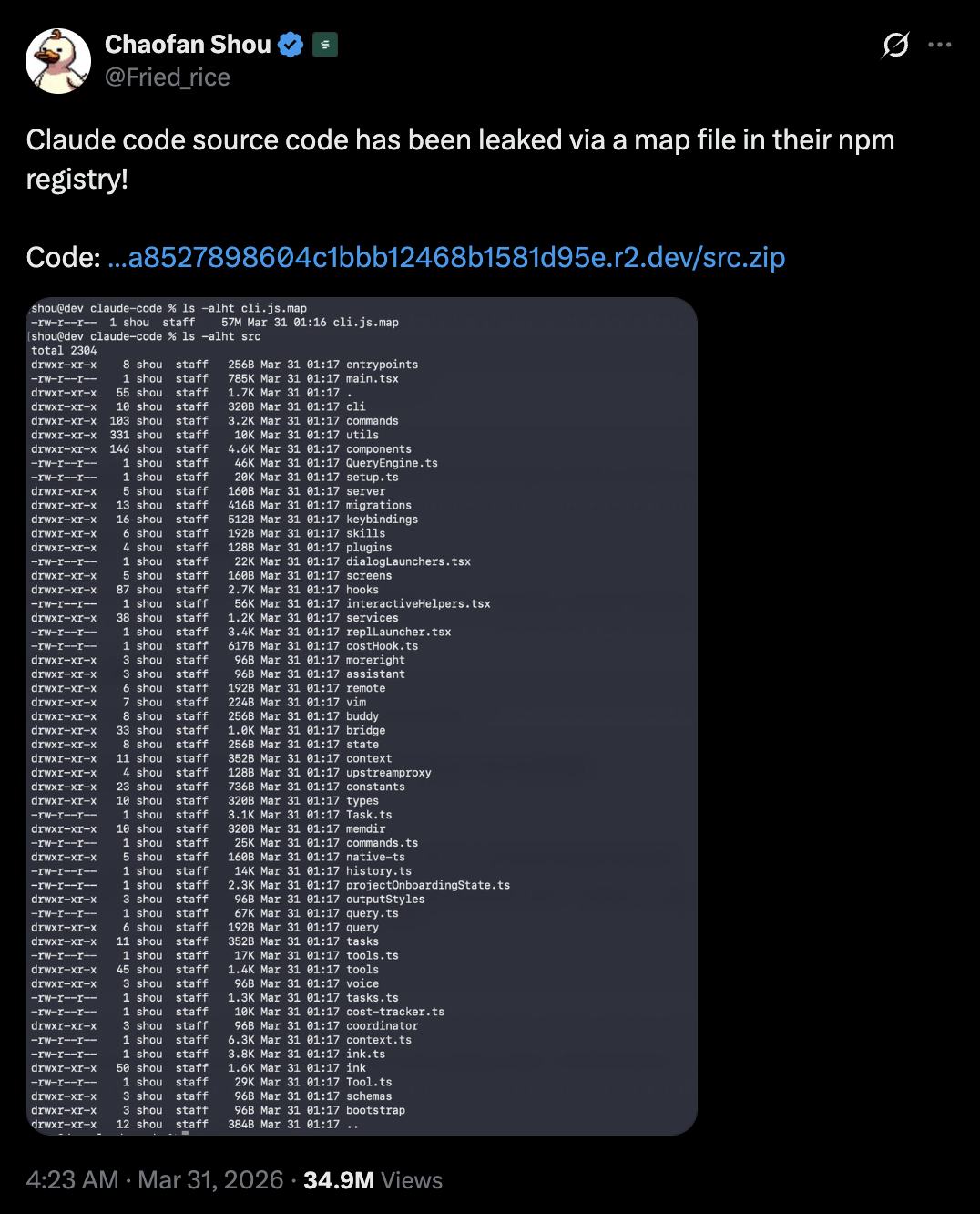 Post no X de Chaofan Shou com link para download do código