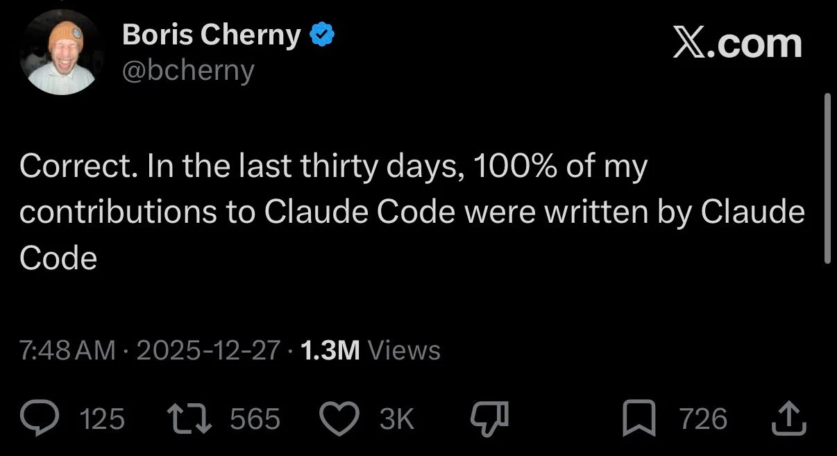 Post de Boris Cherny sobre contribuições ao Claude Code escritas pelo próprio Claude