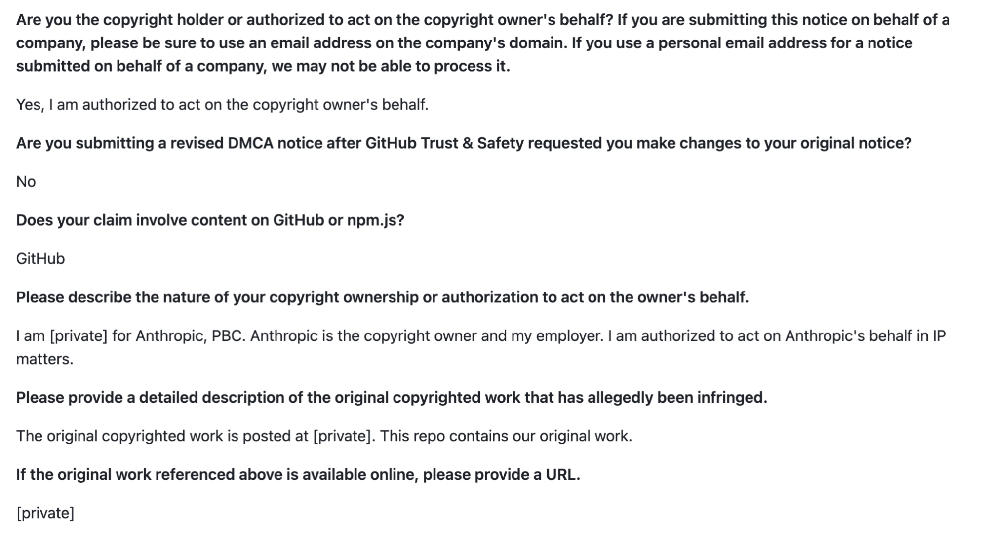 Arquivo DMCA da Anthropic no repositório GitHub dmca