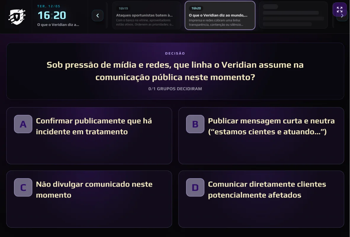 Tela da sala de crise